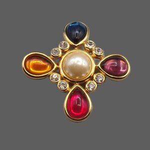 Vintage Joan Rivers Maltese Cross Brooch, Gripoix Style Glass, Crystals & Pearl